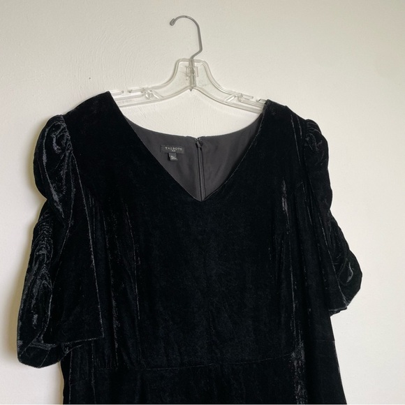 TALBOTS Black Velvet Ruched Sleeve Midi Fit & Flare Cocktail Dress LBD 16W - Picture 2 of 12